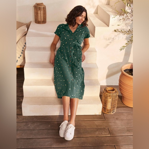 Boden Thomasina 100% Cotton Green Gold Polka Dot Jersey Midi Dress - Picture 3 of 12
